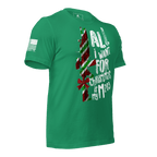 Kelly green t-shirt angled left featuring a festive M203 rifle graphic and a white American flag on the sleeve.