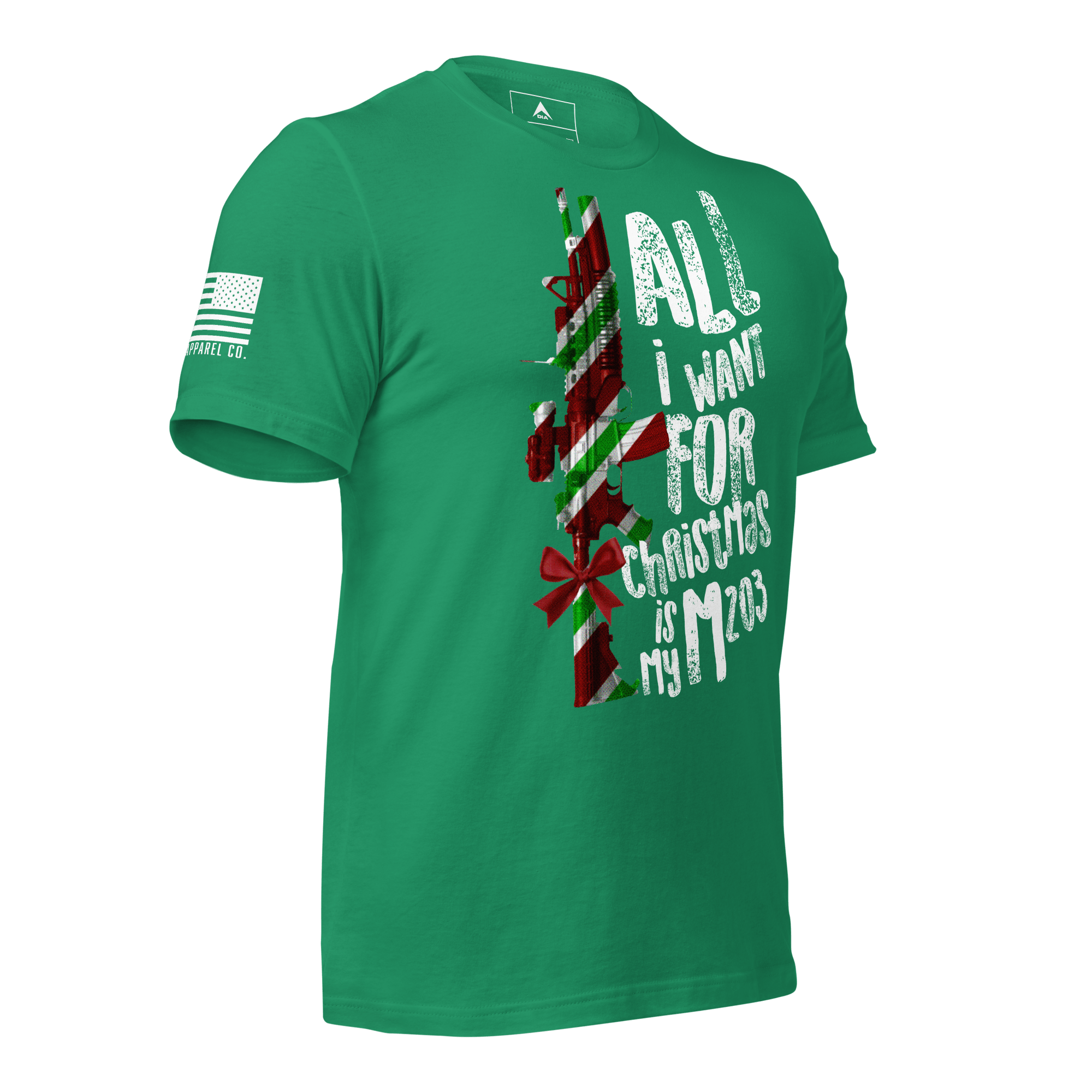 Kelly green t-shirt angled left featuring a festive M203 rifle graphic and a white American flag on the sleeve.
