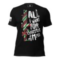 Black t-shirt featuring an M203 rifle graphic with festive stripes and a white American flag on the sleeve.