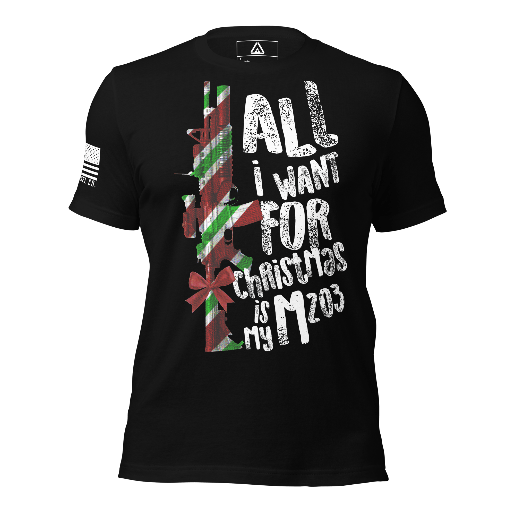 Black t-shirt featuring an M203 rifle graphic with festive stripes and a white American flag on the sleeve.