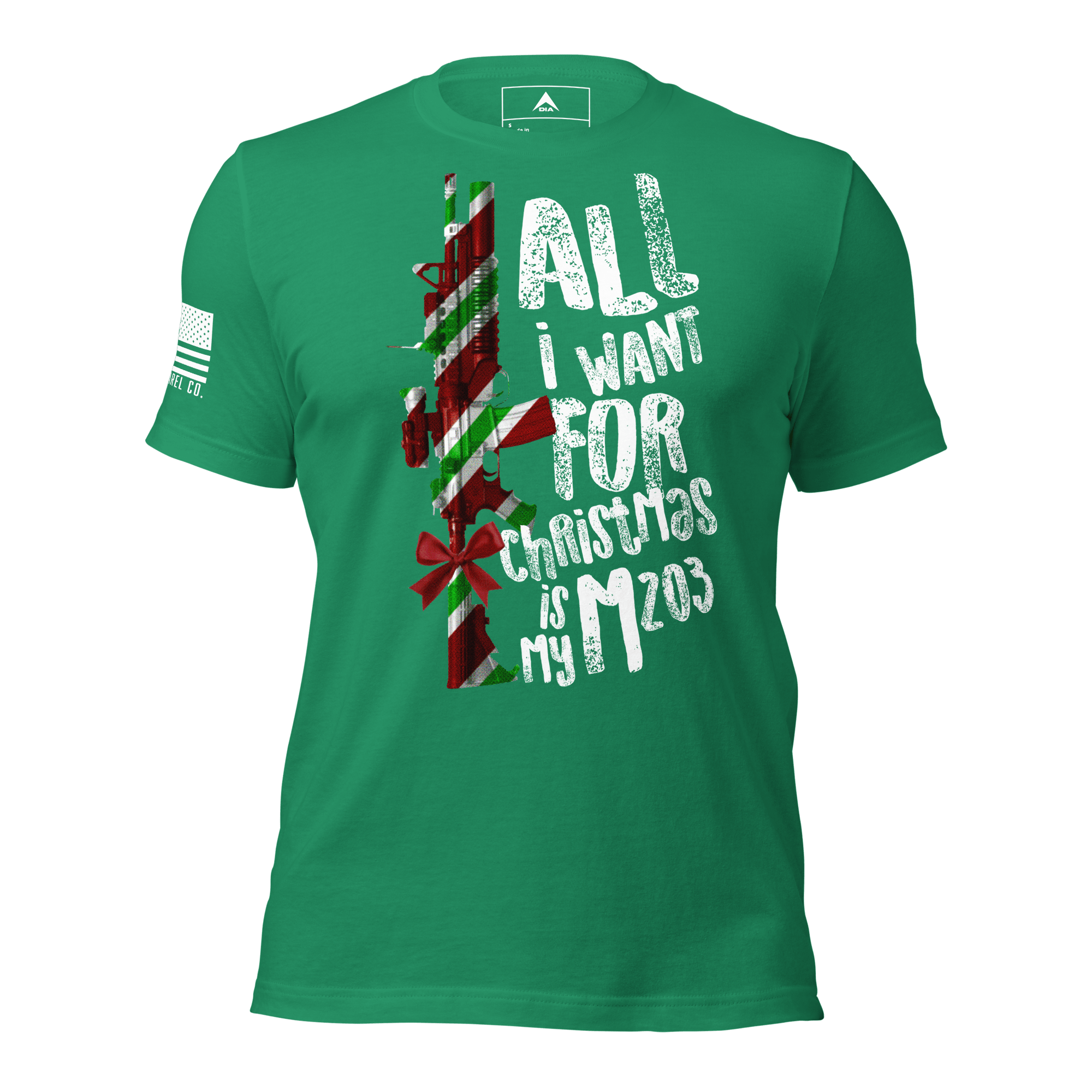 Bright green t-shirt featuring a festive M203 rifle graphic and a white American flag on the sleeve.