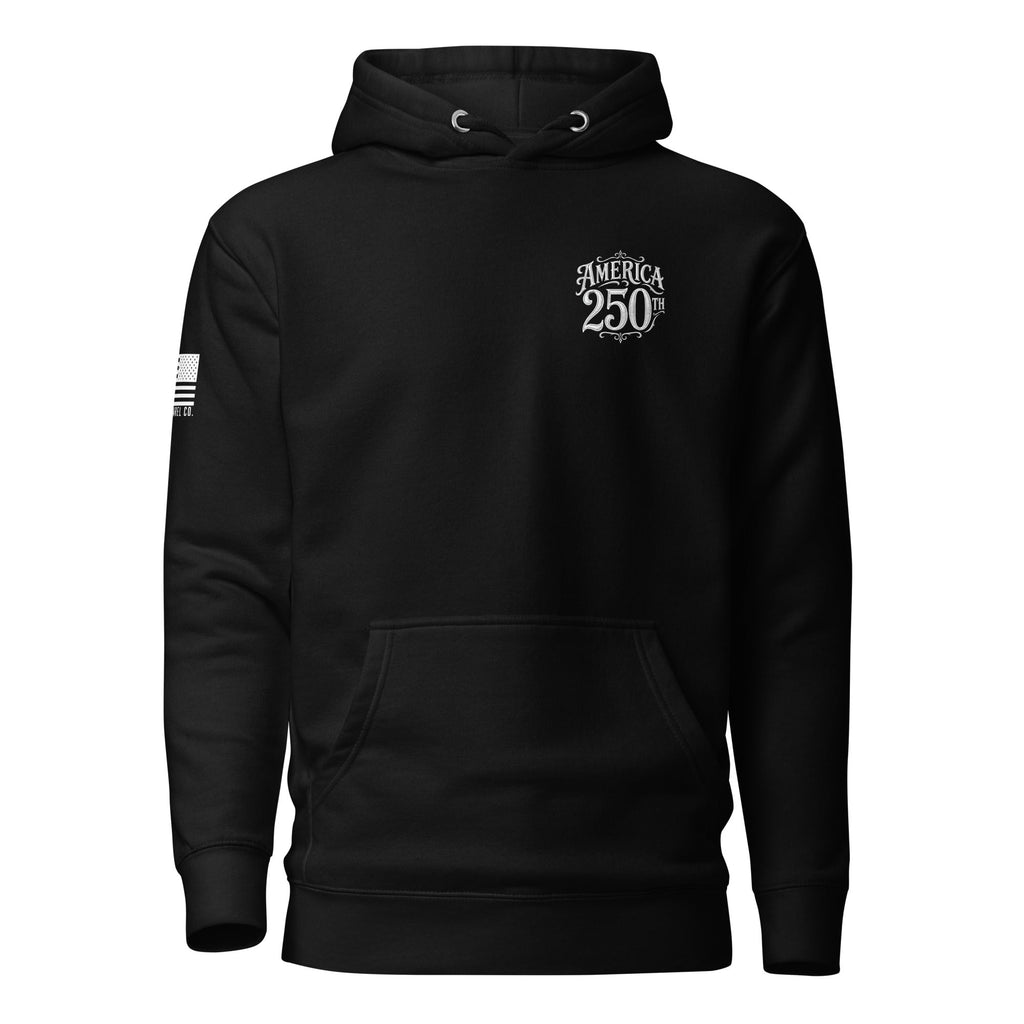 Black hoodie featuring "AMERICA 250TH" chest graphic and American flag sleeve patch.