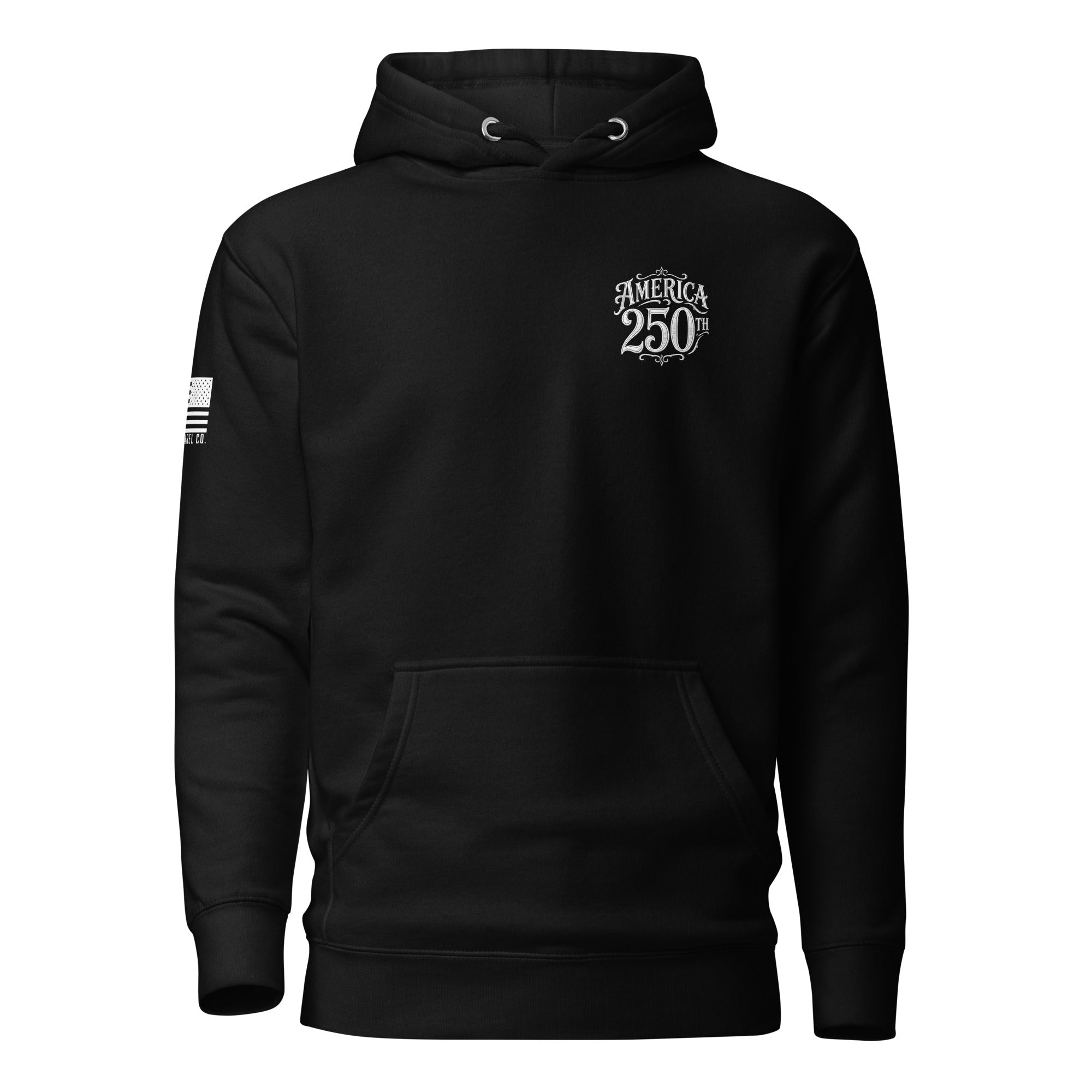 Black hoodie featuring "AMERICA 250TH" chest graphic and American flag sleeve patch.