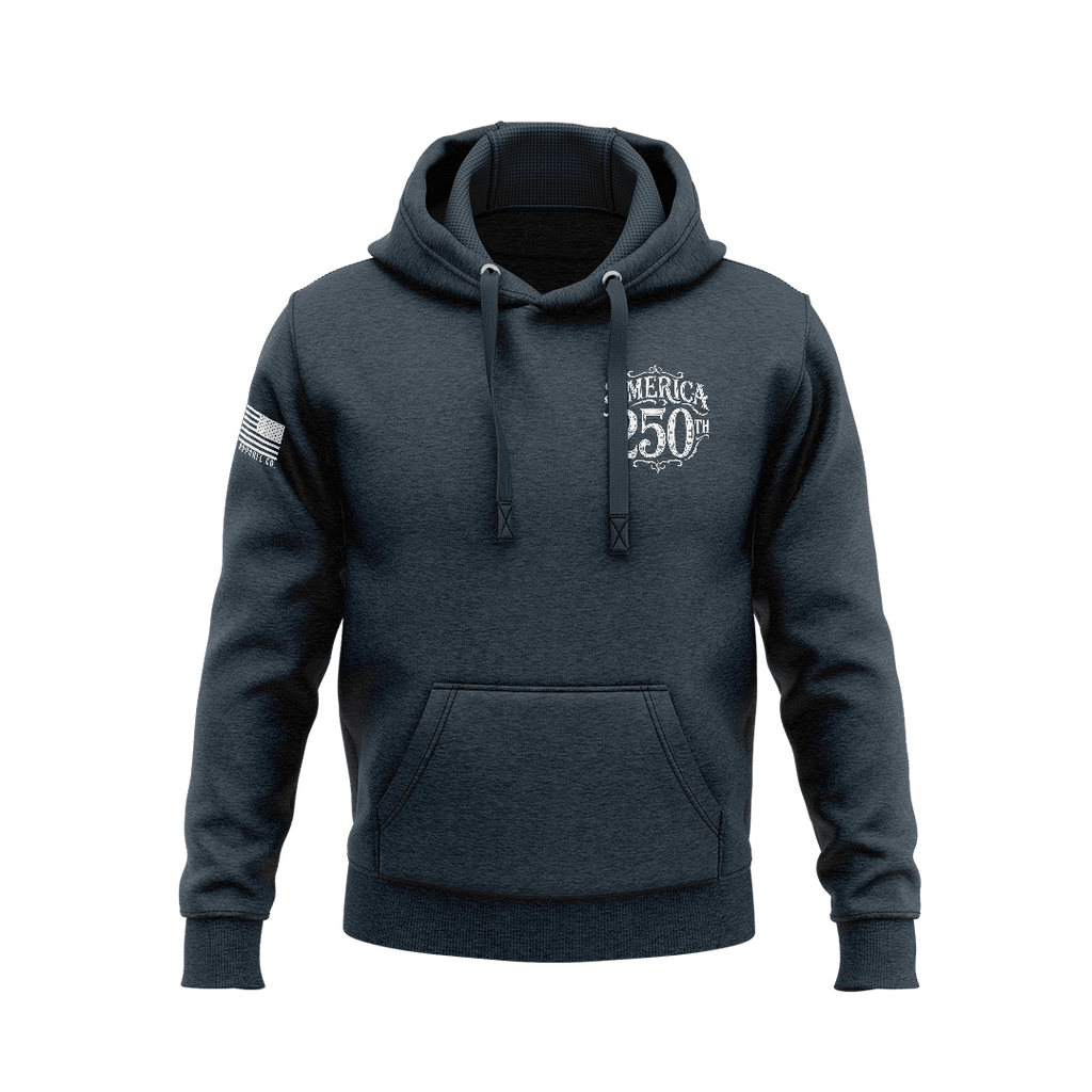 Navy hoodie with front "AMERICA 250TH" chest graphic and an American flag patch on the right sleeve.