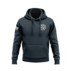 Navy hoodie with front "AMERICA 250TH" chest graphic and an American flag patch on the right sleeve.