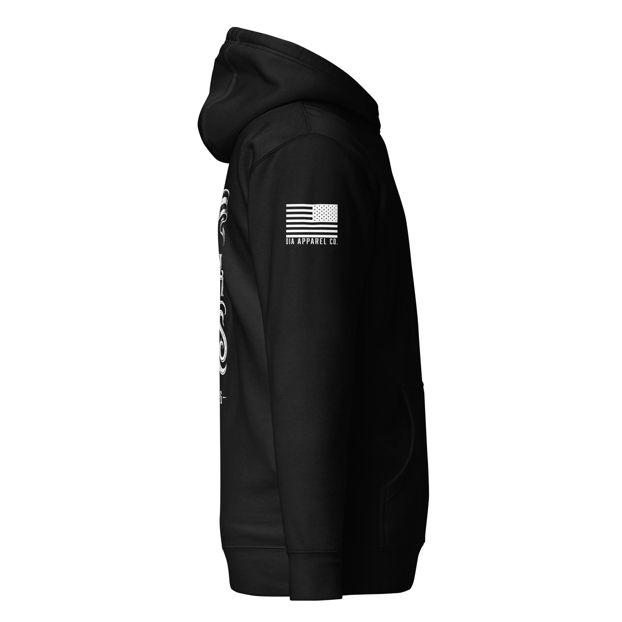 Black hoodie shown from a right-side view, featuring a white American flag patch with "DIA APPAREL CO." on the sleeve.