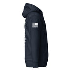 Navy hoodie shown from the right side, featuring a white American flag patch with "DIA APPAREL CO." on the sleeve.