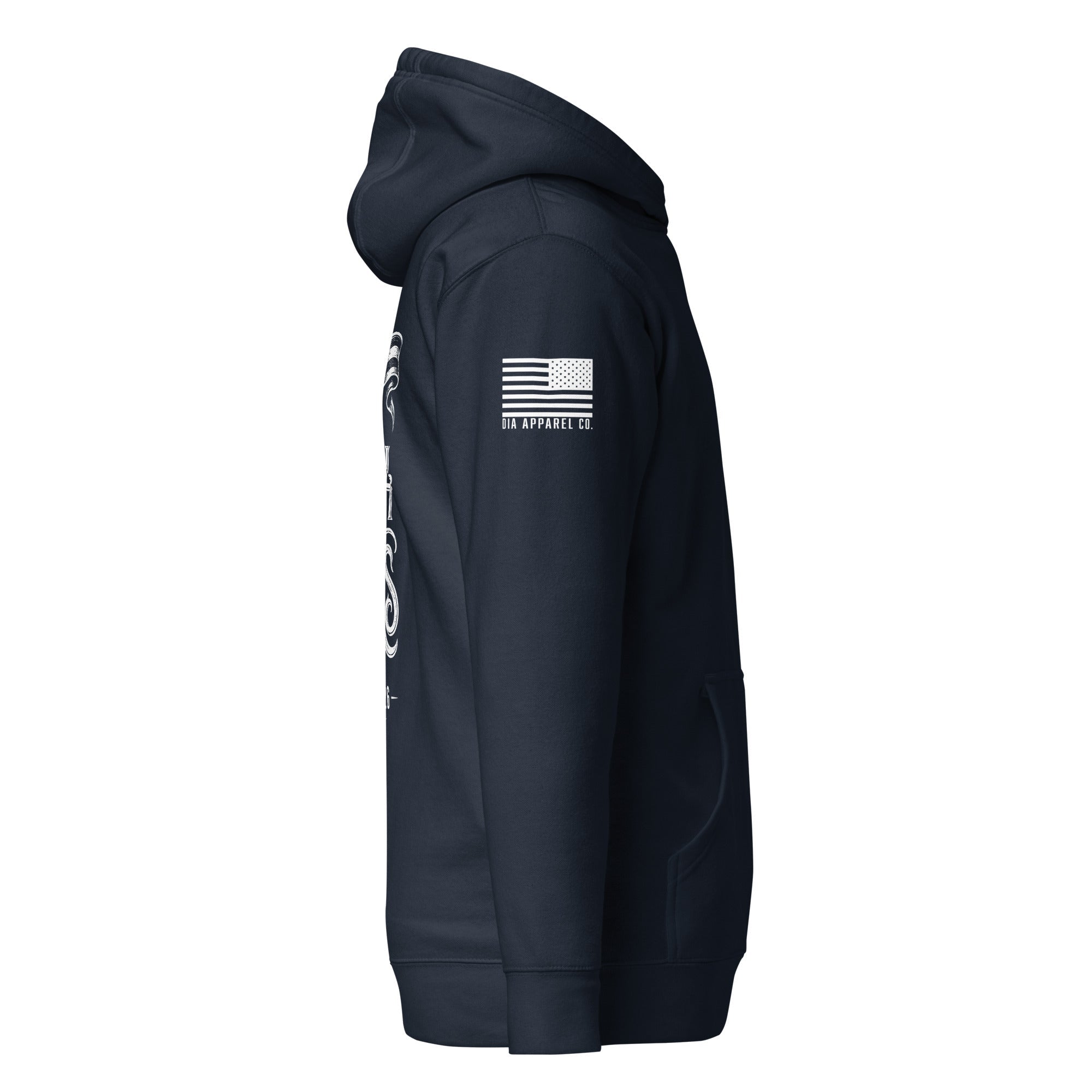 Navy hoodie shown from the right side, featuring a white American flag patch with "DIA APPAREL CO." on the sleeve.