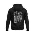 Black hoodie featuring back graphic with a Minute Man soldier, "THE WATCH IS OURS 1776-2026" text, and American flag sleeve patch.