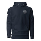 Navy hoodie featuring "AMERICA 250TH" chest graphic and American flag sleeve patch.