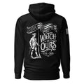 Black hoodie with "THE WATCH IS OURS 1776-2026" minuteman back graphic and American flag patch on sleeves.