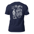 Navy t-shirt with "THE WATCH IS OURS 1776-2026" minuteman back graphic and American flag sleeve patch.