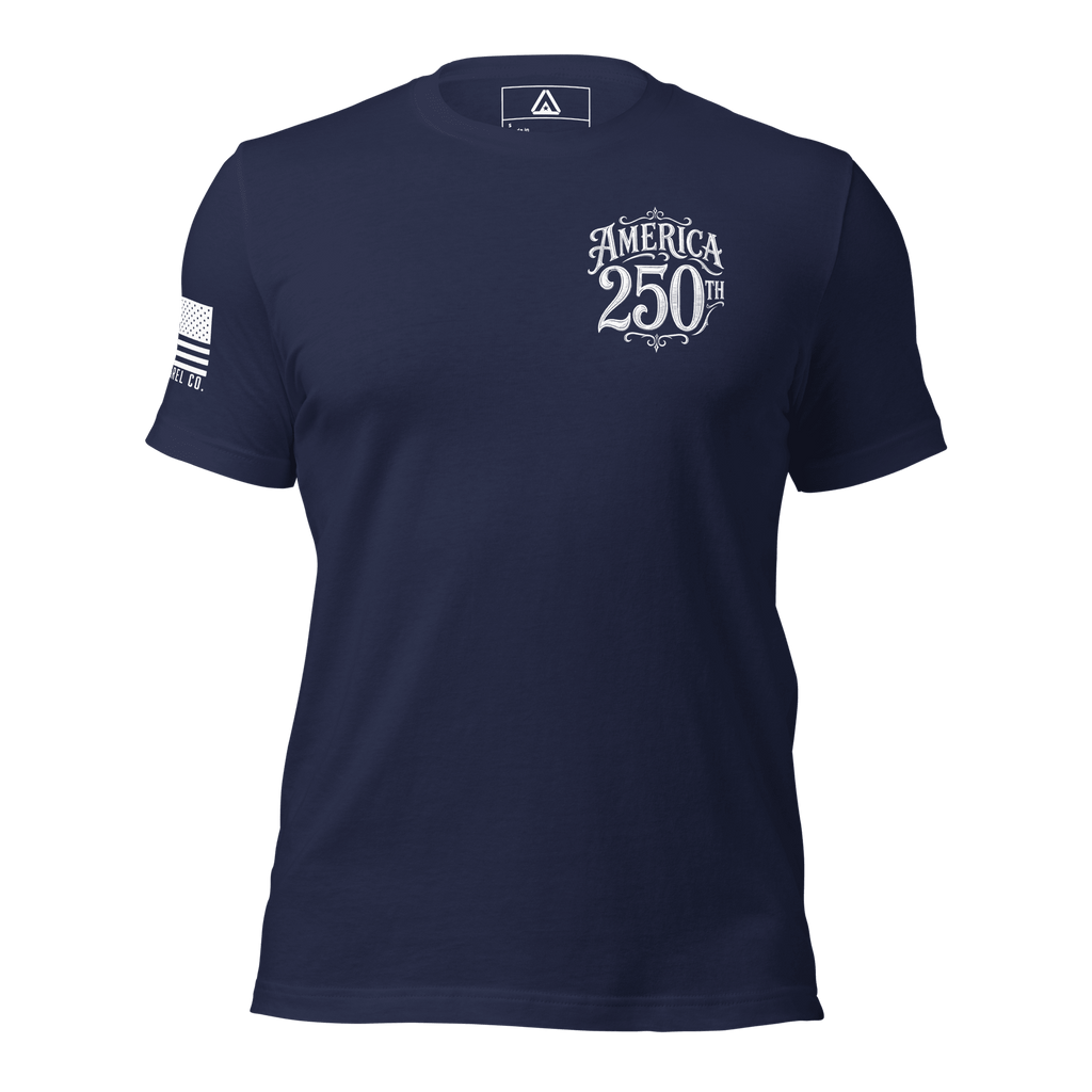 Navy t-shirt front view, featuring a white America 250th left chest print, with an American flag on the right sleeve.