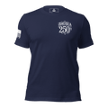 Navy t-shirt front view, featuring a white America 250th left chest print, with an American flag on the right sleeve.