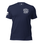 Navy t-shirt front view, featuring a white America 250th left chest print, with an American flag on the right sleeve.