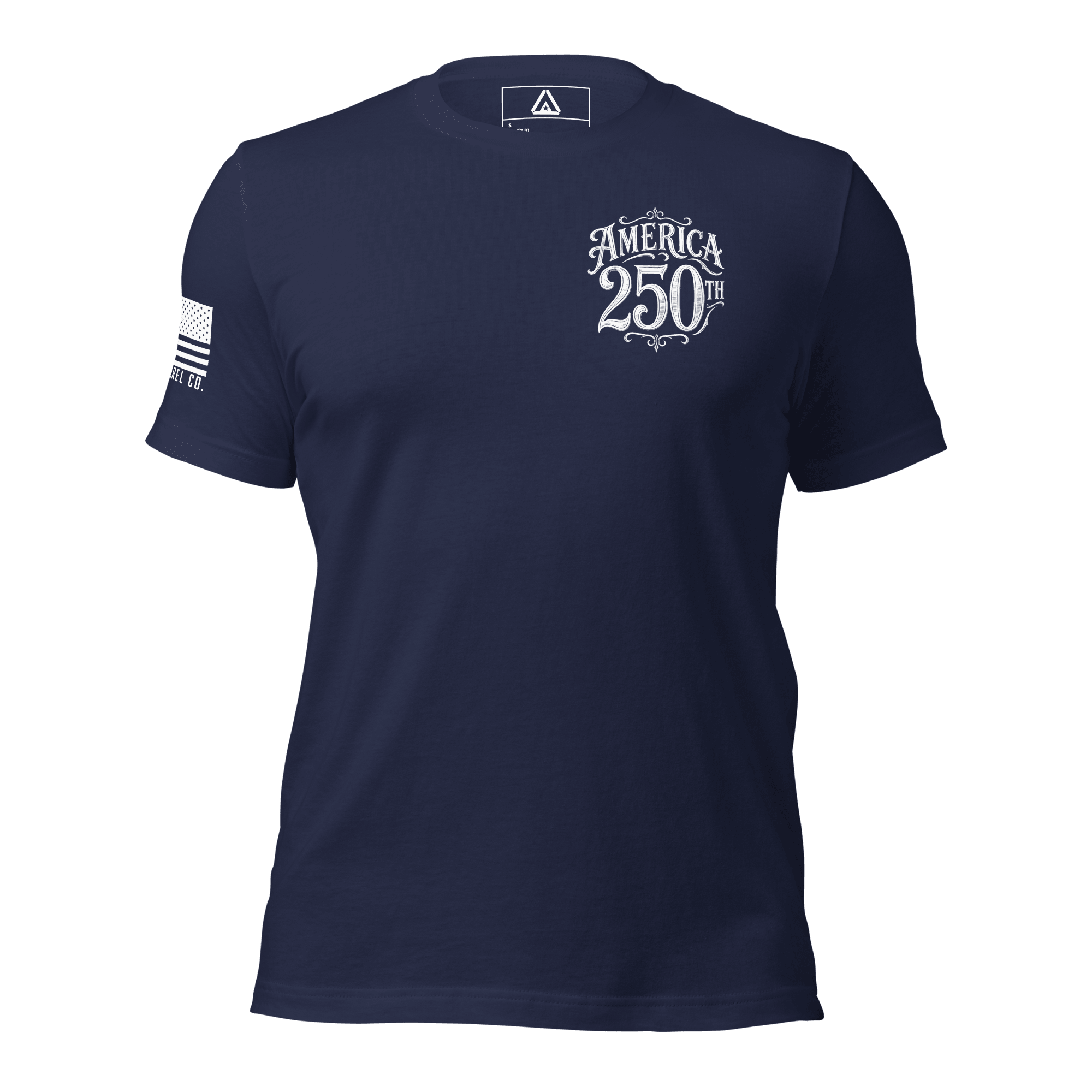 Navy t-shirt front view, featuring a white America 250th left chest print, with an American flag on the right sleeve.