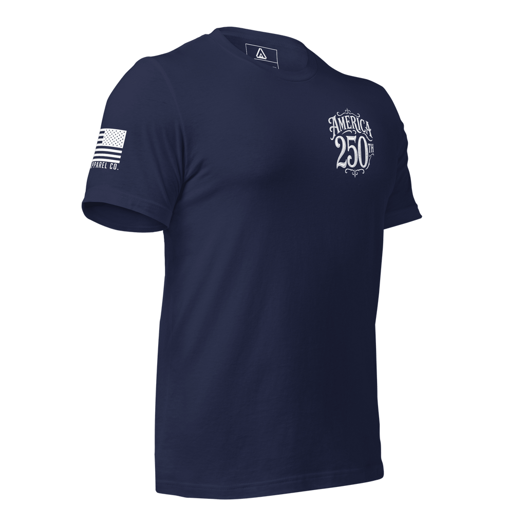 Navy t-shirt, three-quarter view angled right, white America 250th left chest print, American flag on right sleeve.