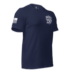 Navy t-shirt, three-quarter view angled right, white America 250th left chest print, American flag on right sleeve.
