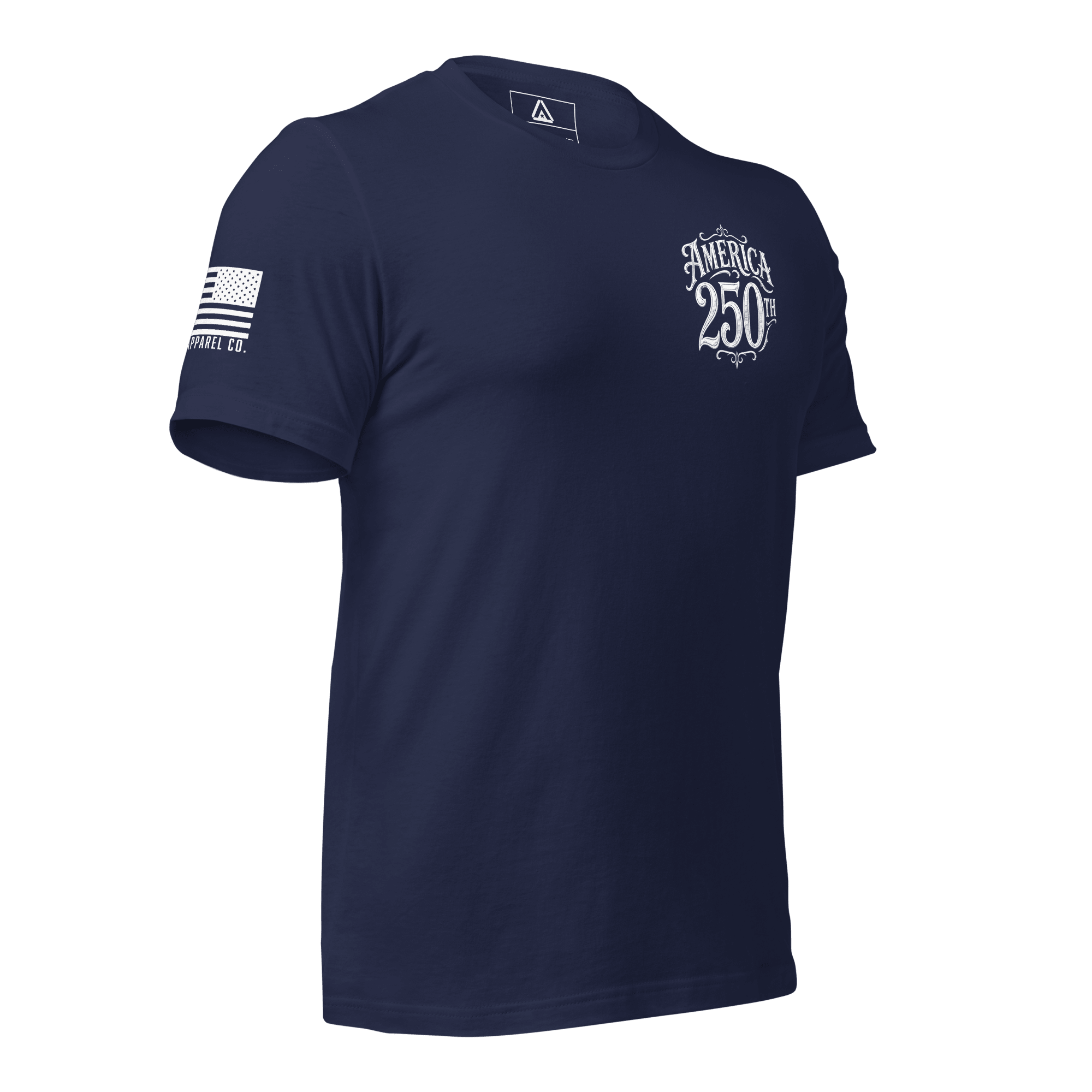Navy t-shirt, three-quarter view angled right, white America 250th left chest print, American flag on right sleeve.