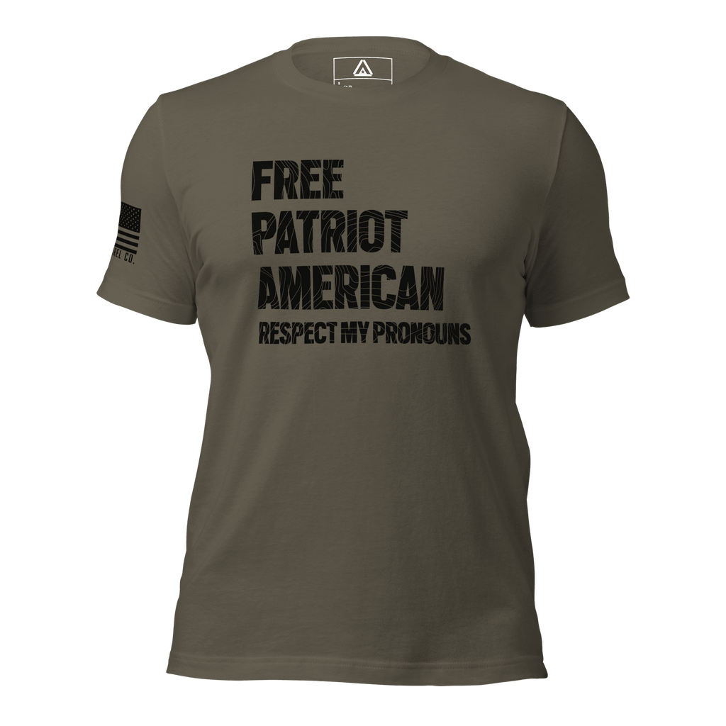 Army green t-shirt front, with "FREE PATRIOT AMERICAN" text and a black American flag on the right sleeve.