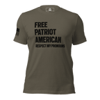 Army green t-shirt front, with "FREE PATRIOT AMERICAN" text and a black American flag on the right sleeve.