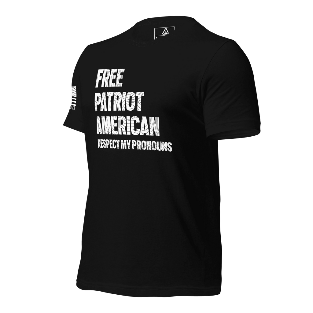 Black t-shirt shown from a three-quarter view angled right, featuring a white American flag on the right sleeve.