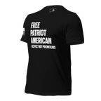 Black t-shirt shown from a three-quarter view angled right, featuring a white American flag on the right sleeve.