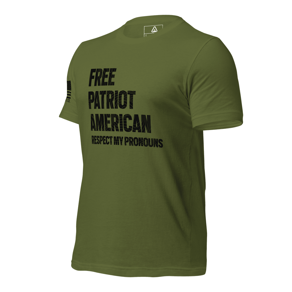Olive green t-shirt angled right, with "FREE PATRIOT AMERICAN"