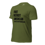 Olive green t-shirt angled right, with "FREE PATRIOT AMERICAN"