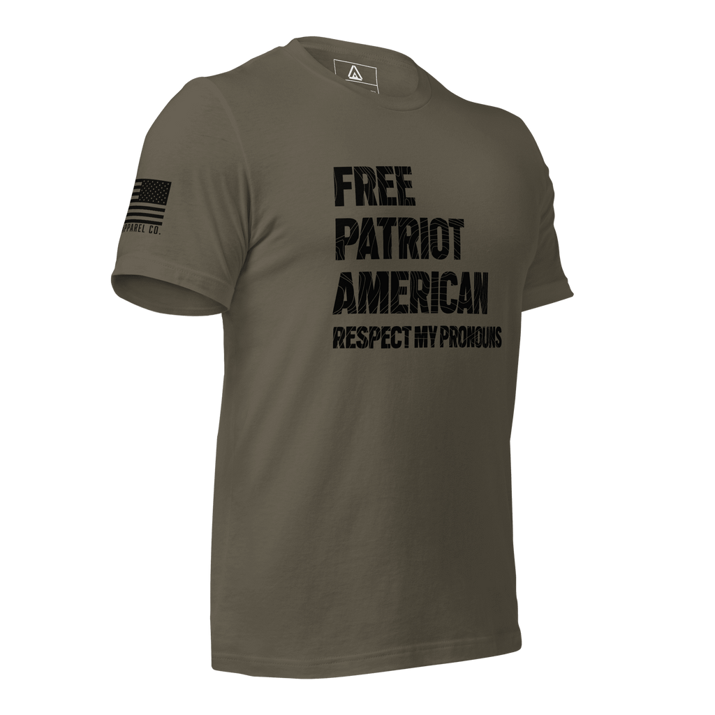 Army green t-shirt angled left, with "FREE PATRIOT AMERICAN" text and a black American flag on the right sleeve.