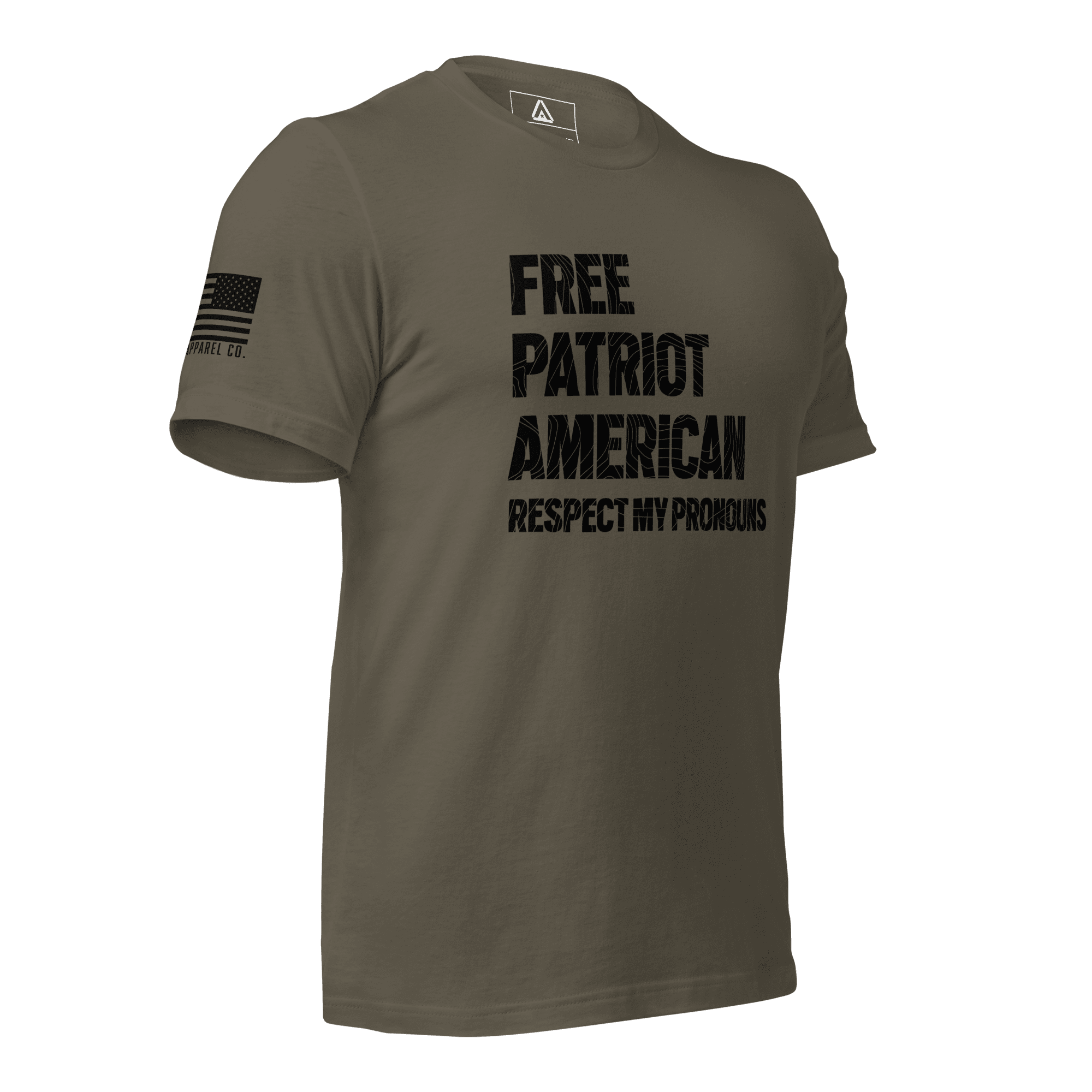 Army green t-shirt angled left, with "FREE PATRIOT AMERICAN" text and a black American flag on the right sleeve.