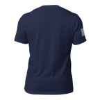 Navy blue t-shirt shown from the back, featuring a white American flag on the right sleeve.