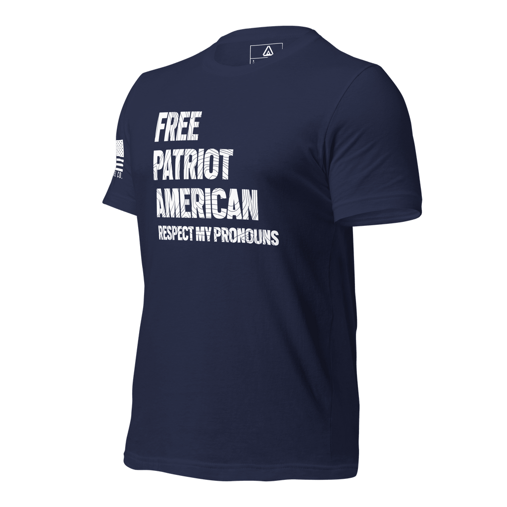 Navy blue t-shirt angled right, with "FREE PATRIOT AMERICAN" text