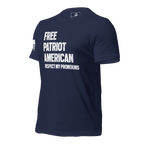 Navy blue t-shirt angled right, with "FREE PATRIOT AMERICAN" text