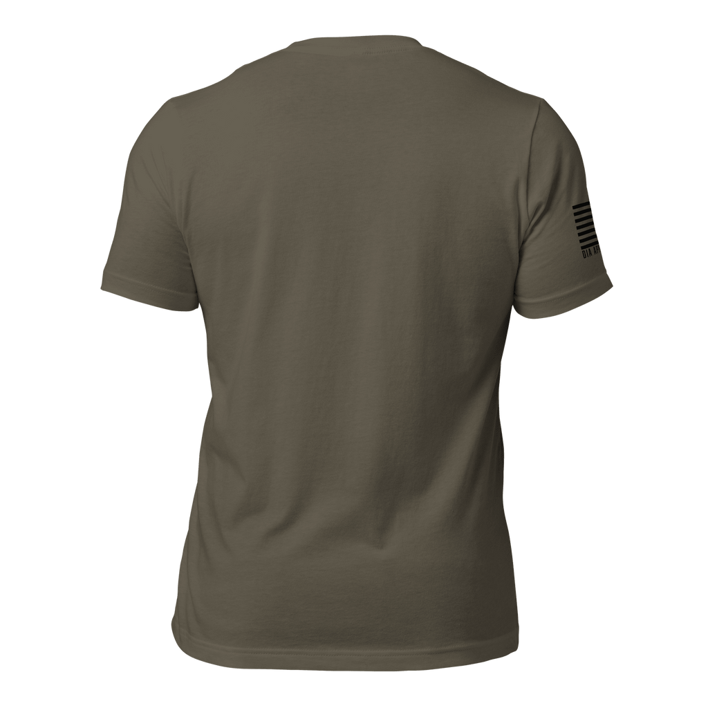 Army green t-shirt shown from the back, featuring a black American flag on the right sleeve.