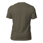 Army green t-shirt shown from the back, featuring a black American flag on the right sleeve.
