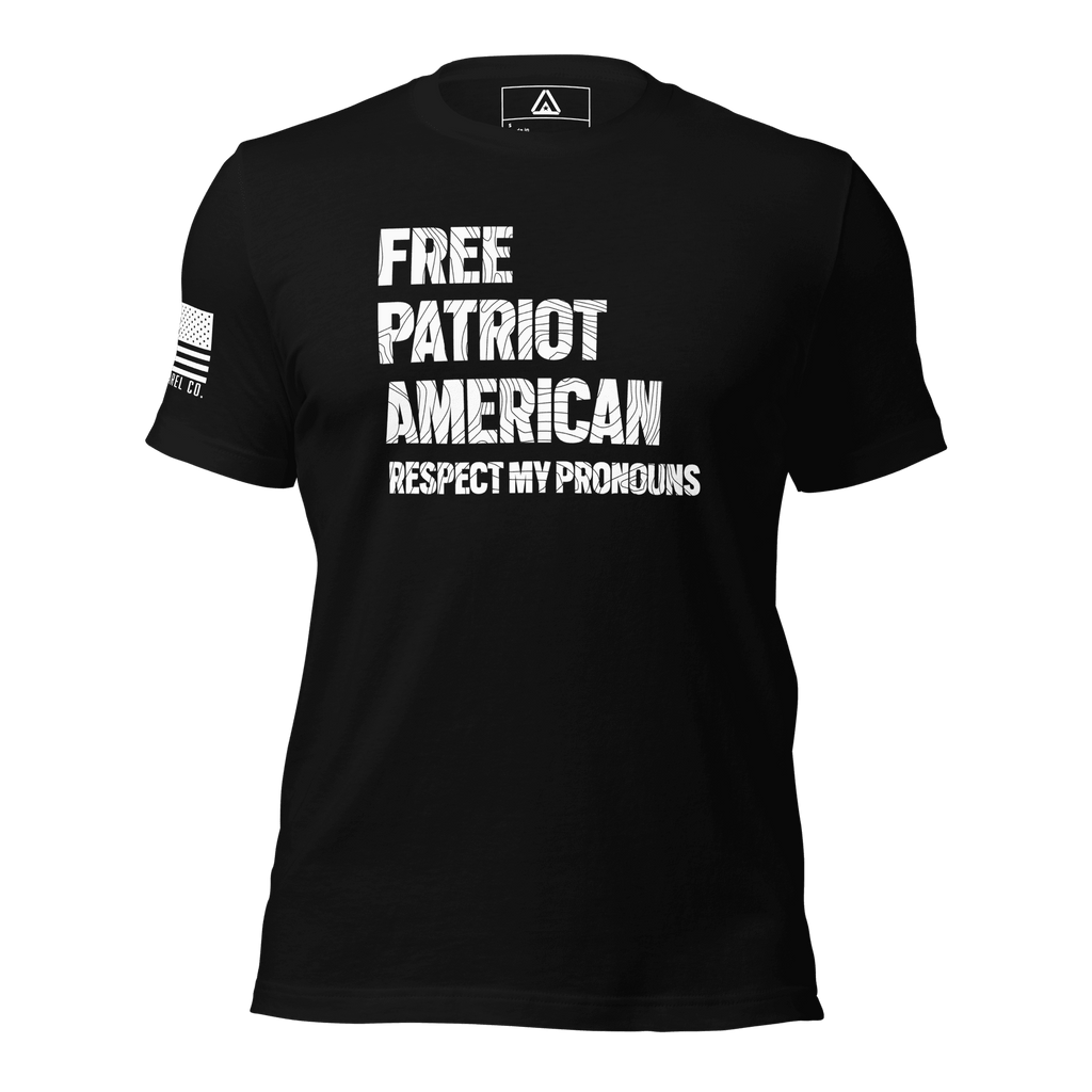 Black t-shirt with "FREE PATRIOT AMERICAN" text, featuring a white American flag on the right sleeve.
