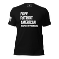 Black t-shirt with "FREE PATRIOT AMERICAN" text, featuring a white American flag on the right sleeve.
