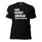 Black t-shirt with "FREE PATRIOT AMERICAN" text, featuring a white American flag on the right sleeve.