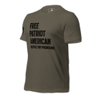 Army green t-shirt angled left, featuring "FREE PATRIOT AMERICAN" text