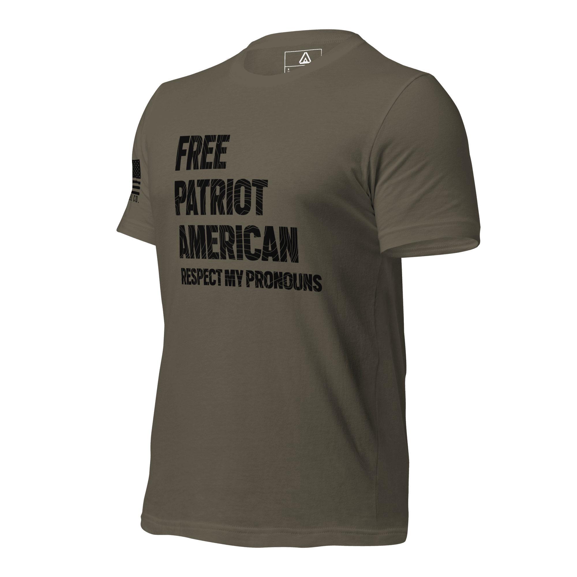 Army green t-shirt angled left, featuring "FREE PATRIOT AMERICAN" text