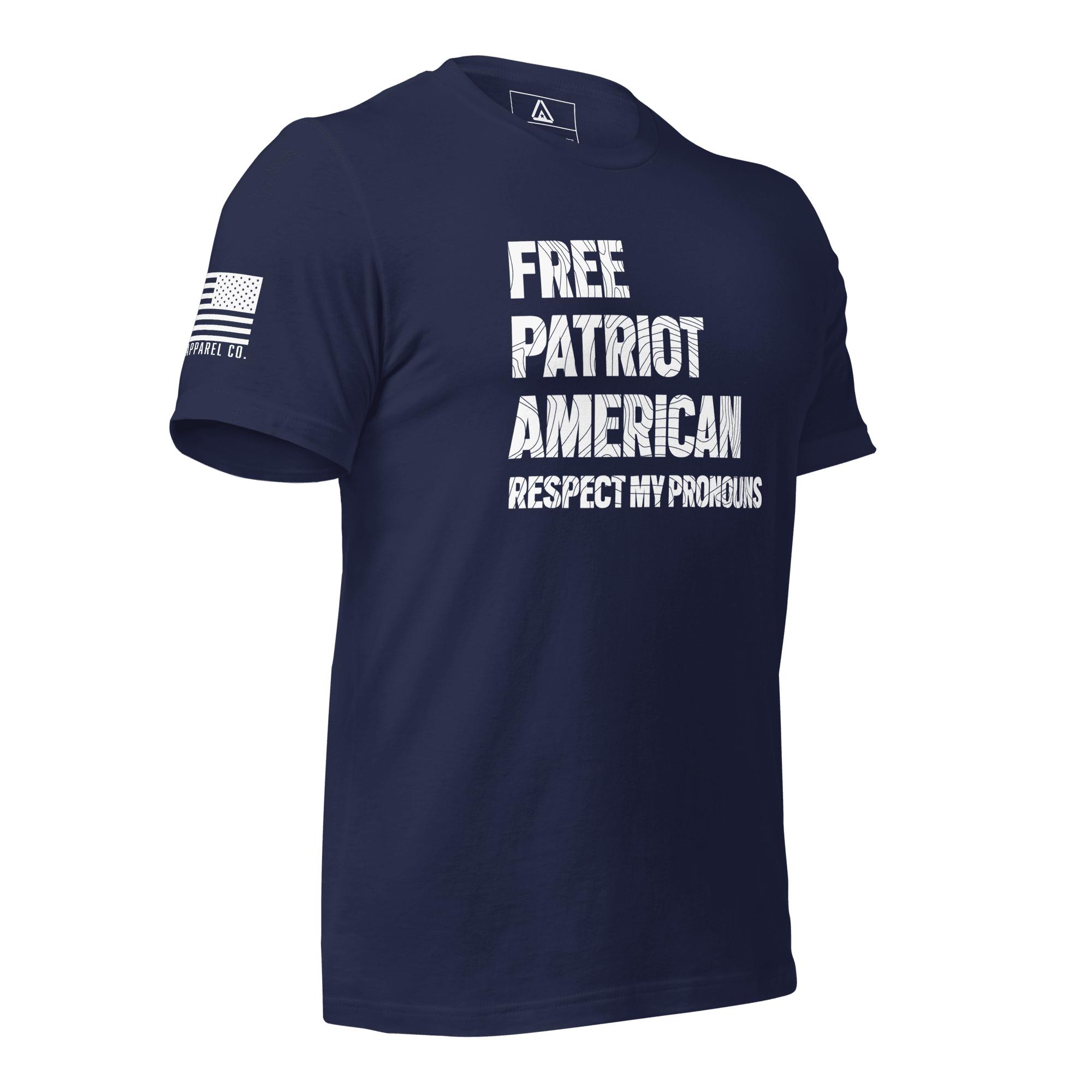 Navy blue t-shirt angled left, with "FREE PATRIOT AMERICAN" text and a white American flag on the right sleeve.