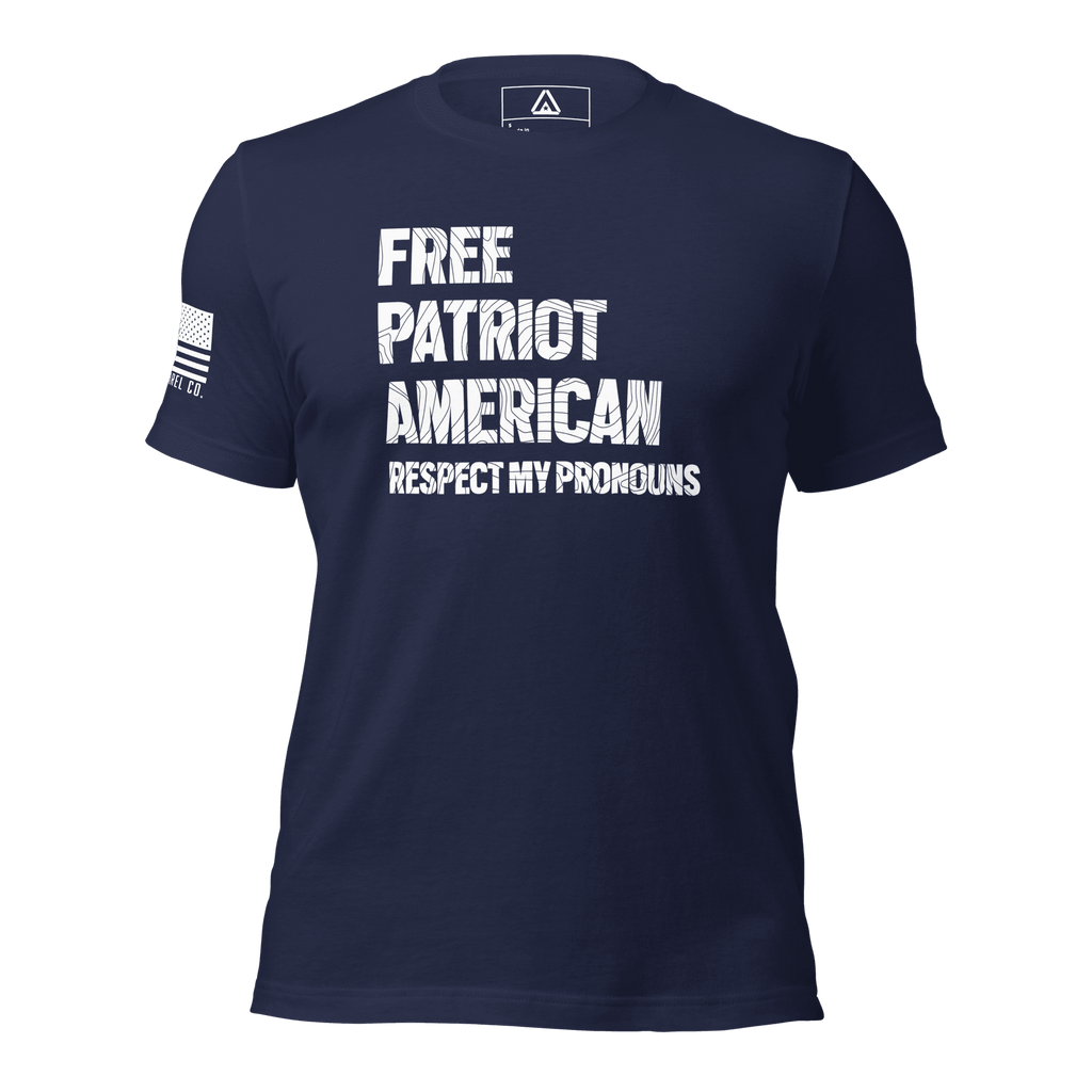 Navy blue t-shirt shown from a front view, featuring white text and a white American flag on the right sleeve.