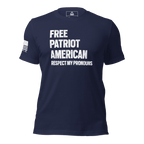 Navy blue t-shirt shown from a front view, featuring white text and a white American flag on the right sleeve.