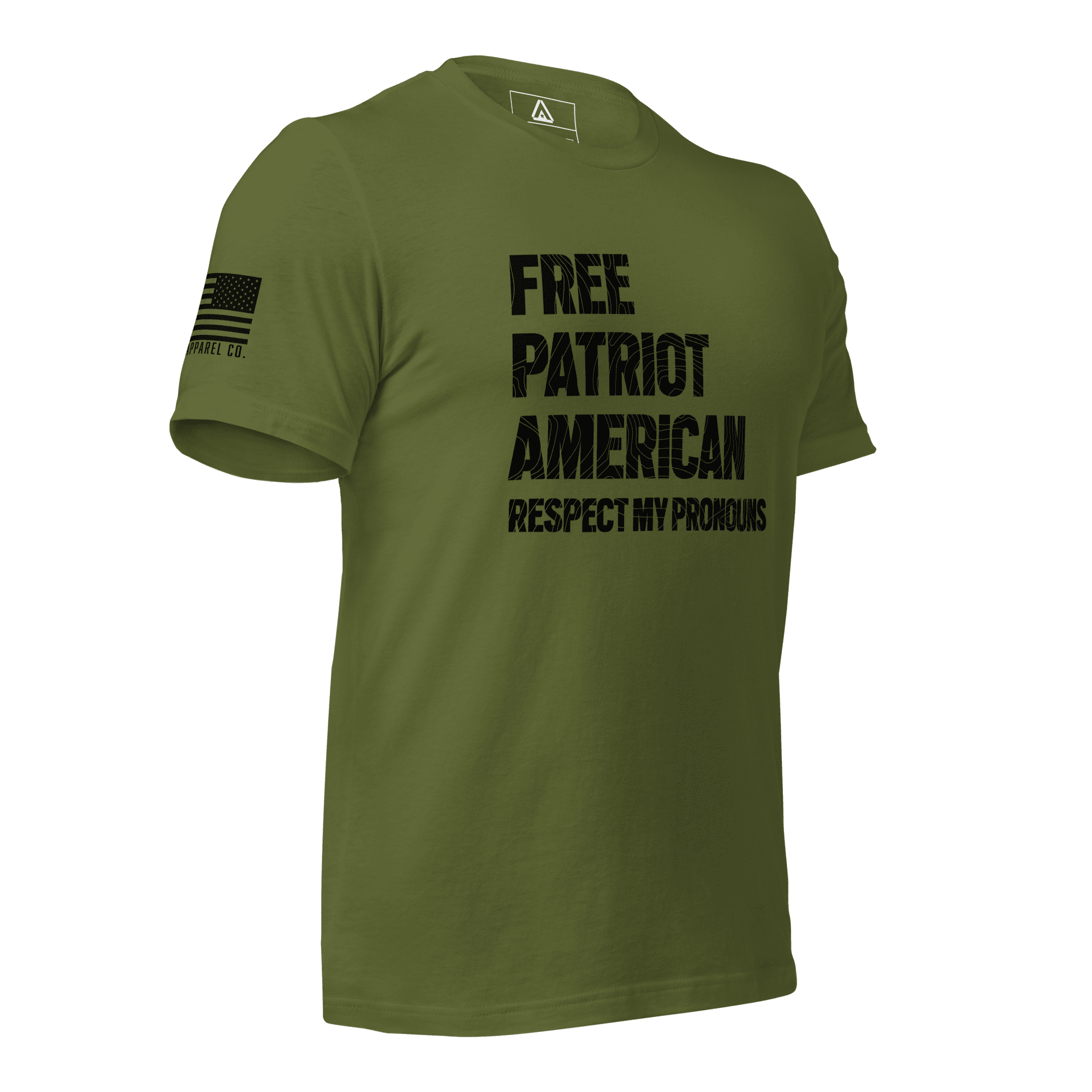 Olive green t-shirt angled left, with "FREE PATRIOT AMERICAN" text and a black American flag on the right sleeve.