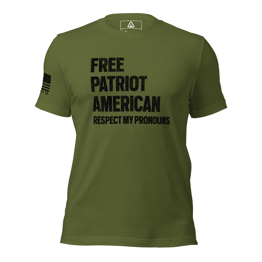 Olive green t-shirt front, with "FREE PATRIOT AMERICAN" text and a black American flag on the right sleeve.
