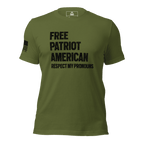 Olive green t-shirt front, with "FREE PATRIOT AMERICAN" text and a black American flag on the right sleeve.