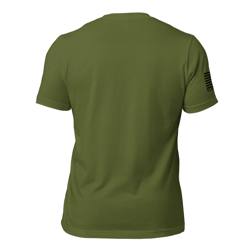 Olive green t-shirt shown from the back, featuring a black American flag on the right sleeve.