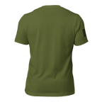 Olive green t-shirt shown from the back, featuring a black American flag on the right sleeve.