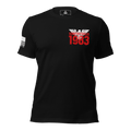 Black t-shirt featuring a red "1983" graphic and a white American flag on the sleeve.